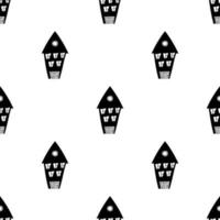 klotter hand dragen mönster med hus i svart och vit stil. sömlös linje konst byggnader för ungar, tyg, grafik vektor