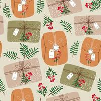 jul gåvor i kraft papper med märka och bär. mönster av närvarande lådor i hantverk omslag papper med rosett och grenar. färgad platt vektor illustration isolerat på beige bakgrund.