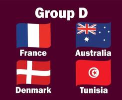 Frankrike danemark Australien och tunisien flagga band grupp d med länder namn symbol design fotboll slutlig vektor länder fotboll lag illustration