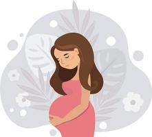 gravid söt kvinna innehav henne mage . graviditet vektor illustration i tecknad serie stil.