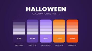 Farbpaletten oder Farbschemata zum Thema Halloween sind Trends, Kombinationen und Palettenführer in diesem Jahr, eine Tabelle mit Farbschattierungen in RGB oder Hex. ein Farbmuster für eine Frühlingsmode, ein Zuhause oder ein Innendesign vektor