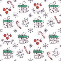 Nahtloses Weihnachtsmuster im Doodle-Stil. niedlicher hintergrund mit weihnachts- oder neujahrselementen. vektorillustration für verpackungspapier, stoff, textil, scrapbooking. vektor