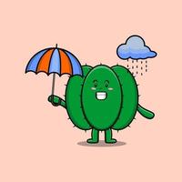 söt tecknad serie kaktus i regn och använder sig av ett paraply vektor