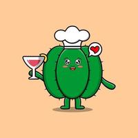 niedlicher cartoon-kaktus-chef-charakter hält weinglas vektor