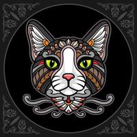 färgrik katt huvud mandala konst isolerat på svart bakgrund vektor