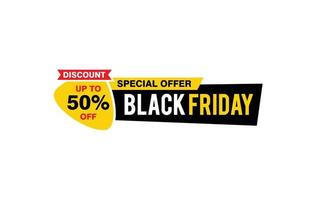50 Prozent Rabatt Black Friday Angebot, Räumung, Werbebanner-Layout mit Aufkleberstil. vektor