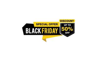 50 Prozent Rabatt Black Friday Angebot, Räumung, Werbebanner-Layout mit Aufkleberstil. vektor