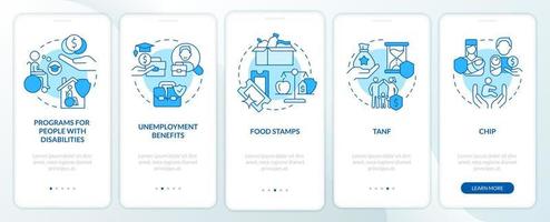 regierung profitiert vom blauen onboarding-bildschirm der mobilen app. Sozialhilfe Walkthrough 5 Schritte grafische Anleitungsseiten mit linearen Konzepten. ui, ux, gui-Vorlage. vektor