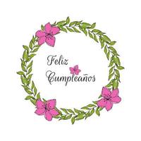 feliz cumpleanos alles gute zum geburtstag, geschrieben in spanischer sprache, gekritzelblumenkranz, handgezeichnet. vektor