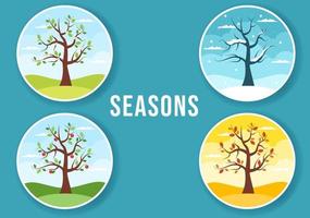 landskap av de fyra säsonger av natur med landskap vår, sommar, höst och vinter- i mall hand dragen tecknad serie platt stil illustration vektor
