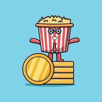 söt tecknad serie popcorn stående i staplade guld mynt vektor