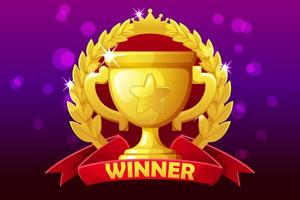 Verleihen Sie dem Sieger auf dem ersten Platz einen Goldpokal. vektorillustrationspreis mit krone und stern für meister im spiel. vektor