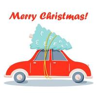 platt vektor kör röd bil med tall julgran doodle illustration, god jul, idé för gratulationskort, väggkonst, t-shirt, utskrivbara kläder isolerade på vitt