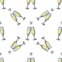 glas champagne sömlösa doodle mönster. heja vektorillustration på vit bakgrund. alla hjärtans dag gratulationskort, årsdagen firande affisch vektor