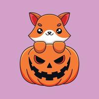 niedlicher kürbisfuchs halloween karikaturmaskottchen gekritzelkunst hand gezeichnetes konzept vektor kawaii symbol illustration