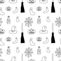 halloween klotter sömlös mönster isolerat på vit bakgrund. häxa kvast och hattar, pumpa och spöke vektor skriva ut