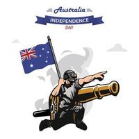 australischer unabhängigkeitstag. flacher patriotischer designsoldat, der australische flagge trägt. vektor