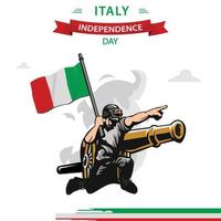 Italien-Unabhängigkeitstag-Vektor. Patriotischer Soldat des flachen Designs, der Italien-Flagge trägt. vektor