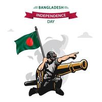 Vektor zum Unabhängigkeitstag von Bangladesch. Patriotischer Soldat des flachen Designs, der Bangladesch-Flagge trägt.