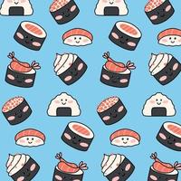 nahtloses muster mit lustigem sushi im kawaii-stil. Vektor-Illustration. Cartoon-Stil. Druck mit Sushi-Zeichen. vektor
