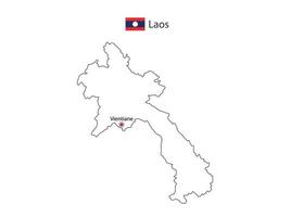 hand zeichnen dünne schwarze linie vektor der laos-karte mit der hauptstadt vientiane auf weißem hintergrund.
