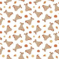 Geisterhund-Halloween-Muster. niedliches beige gruseliges hundehalloween-nahtloses muster. Süßes sonst gibt's Saures Hund in einem Geisterkostüm, wiederholter Hintergrund. halloween-süßigkeiten, süßigkeiten, welpenkarikaturvektorillustration vektor
