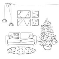 weihnachtswohnzimmer mit sofa, weihnachtsbaum, hängenden lampen, flauschigem teppich und abstrakten gemälden, schwarz-weiß-lineare zeichnung.moderne skizzendesign-wohnzimmerinnenraum-vektorillustration vektor