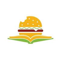 Burger-Buch-Logo-Design-Vektor. Bücher und Burger-Café-Logo isolierter Vektor