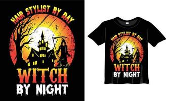 Friseur bei Tag Hexe bei Nacht - Halloween-T-Shirt-Design-Vorlage. Nacht, Mond, Hexe, Maske. Nachthintergrund-T-Shirt für den Druck. vektor