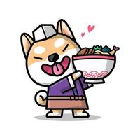 süßer shiba hält eine schüssel mit ramen-nudel-cartoon-illustration vektor