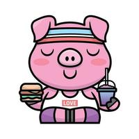 ein süßes fettes schwein trägt sportoutfit und hält burger und getränk. Cartoon-Maskottchen-Design. vektor