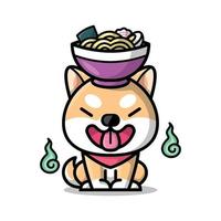 süßer shiba-hund mit einer schüssel ramen auf seiner kopfkarikaturillustration vektor