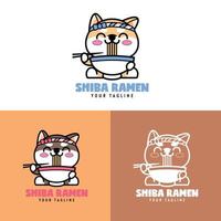 söt shiba inu äter Ramen tecknad serie logotyp uppsättning vektor