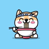 süßer shiba inu isst ramen-karikaturillustration vektor