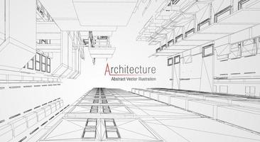 arkitektur linje bakgrund. byggnad konstruktion skiss vektor abstrakt. modern stad 3d projekt. teknologi geometrisk rutnät. tråd plan hus. digital arkitekt innovation trådram.