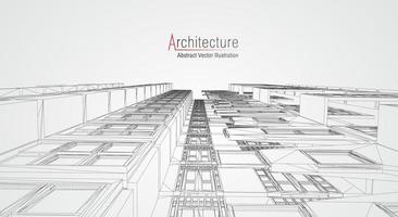 Hintergrund der Architekturlinie. Hochbau Skizze Vektor abstrakt. moderne Stadt 3D-Projekt. Technologie geometrisches Gitter. Draht Blaupause Haus. digitaler Architekten-Innovations-Drahtrahmen.