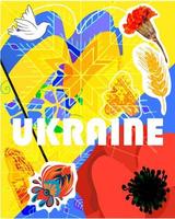 ukraine-banner zum nationaltag mit kulturellem design. Kunstplakate für die Ausstellung der ukrainischen Kultur und Traditionen. handgezeichnete Illustrationen, gelbe und blaue Flagge, Immergrün, Ähre, Taube vektor