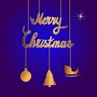 goldenes zeichen der frohen weihnachten mit ketten, weihnachtskugel, schlitten- und weihnachtsbaumanhängern. Blauer Hintergrund. Vektordesign. vektor