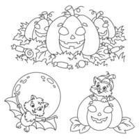 Kürbis, Süßigkeiten, Fledermaus, Katze. Halloween-Thema. Malbuchseite für Kinder. Cartoon-Stil. Vektor-Illustration isoliert auf weißem Hintergrund. vektor
