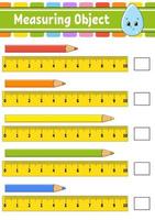 mätobjekt med linjal. utbildningsutvecklande arbetsblad. spel för barn. färgaktivitetssida. pussel för barn. söt karaktär. vektor illustration. tecknad stil.
