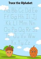 skrivning brev. spårande sida. öva ark. kalkylblad för ungar. lära sig alfabet. söt karaktär. tecknad serie stil. vektor illustration.