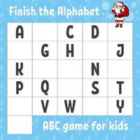 Avsluta de alfabet. ABC spel för ungar. utbildning utvecklande arbetsblad. inlärning spel för ungar. jul tema. Färg aktivitet sida. vektor