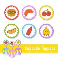 Cupcake-Topper. Satz von sechs runden Bildern. Thema Grillen. Zeichentrickfiguren. süßes Bild. zum Geburtstag, Babyparty. vektor