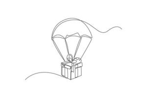 einzelne strichzeichnung fallschirm mit geschenkbox fliegen. saison go konzept geben. ununterbrochene Linie zeichnen grafische Vektorillustration des Designs. vektor