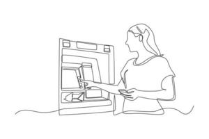 kontinuerlig ett linje teckning affärskvinna håller på med transaktion på de atm. Bankomat maskin begrepp. enda linje dra design vektor grafisk illustration.