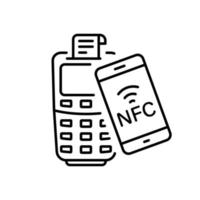 kontantlös betala förbi mobil telefon på pos linje ikon. kontaktlös transaktion bearbeta piktogram. smartphone med nfc teknologi trådlös betalning översikt ikon. redigerbar stroke. isolerat vektor illustration.