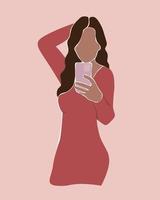 Abstraktes schönes Mädchen mit einem Smartphone in der Hand macht ein Selfie-Foto. Poster mit zeitgenössischer Frau mit einer schönen Figur in einem Kleid. Vektorgrafiken. vektor