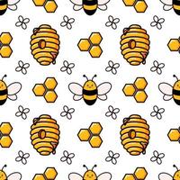 nahtloses muster der niedlichen honigbiene. Vektor doodle Cartoon Bienenstock, Blumen und Waben Illustration digitales Papier isoliert auf weißem Hintergrund perfekt für Kinder Stoff