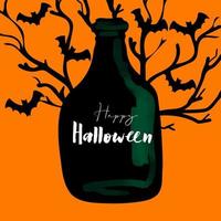 Lycklig halloween illustration med magi burk och svart fladdermus på orange bakgrund vektor