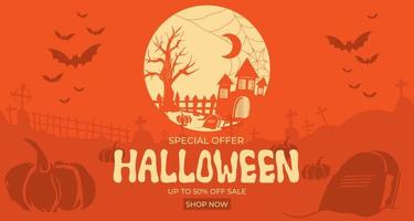 halloween försäljning bakgrund baner design mall med måne silhuett mellan begravningar vektor